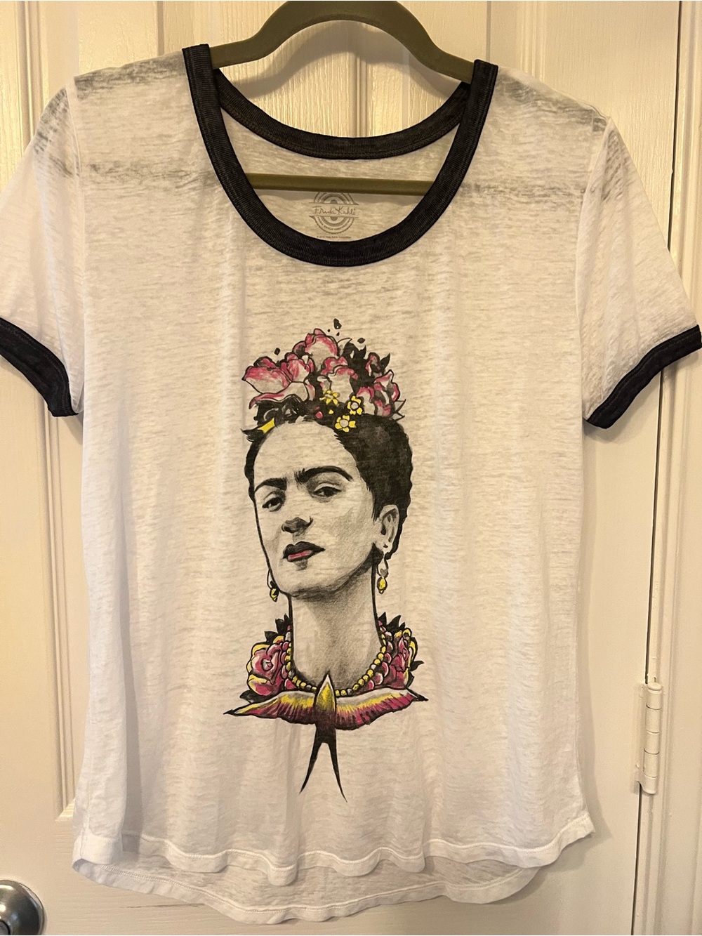 Frida Kahlo Graphic Ringer Tee - White with Black Trim, Size L
